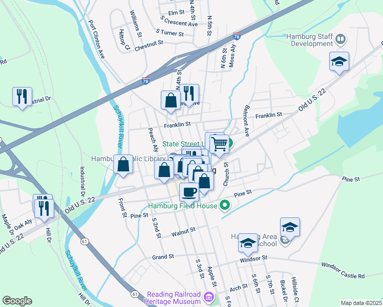 map of restaurants, bars, coffee shops, grocery stores, and more near 71 North 4th Street in Hamburg