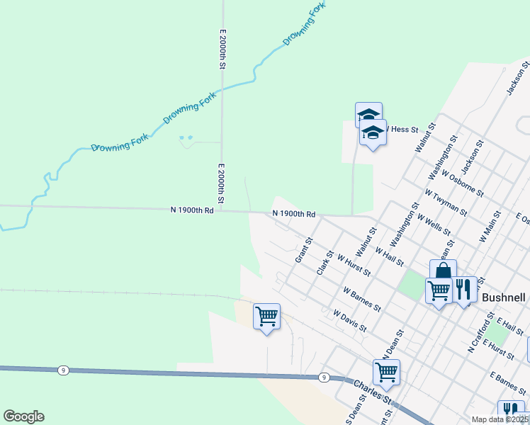map of restaurants, bars, coffee shops, grocery stores, and more near 20166 North 1900th Road in Bushnell