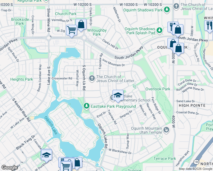 map of restaurants, bars, coffee shops, grocery stores, and more near 10708 Ozarks Drive in South Jordan