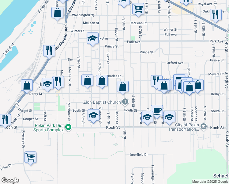 map of restaurants, bars, coffee shops, grocery stores, and more near 1240 South 4th Street in Pekin