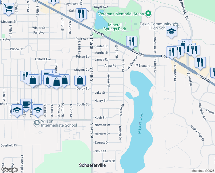 map of restaurants, bars, coffee shops, grocery stores, and more near 1421 Fisher Street in Pekin