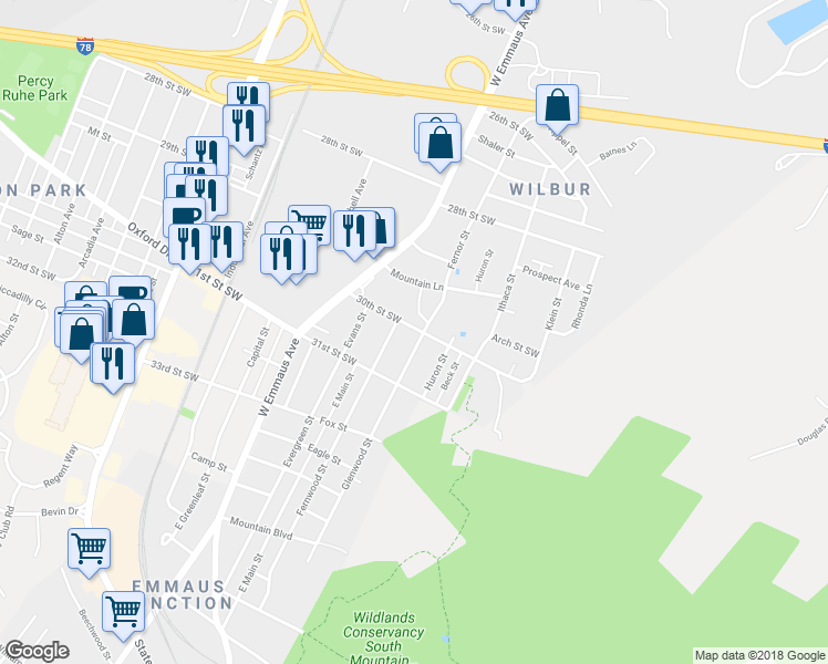 map of restaurants, bars, coffee shops, grocery stores, and more near 2498 30th Street Southwest in Allentown