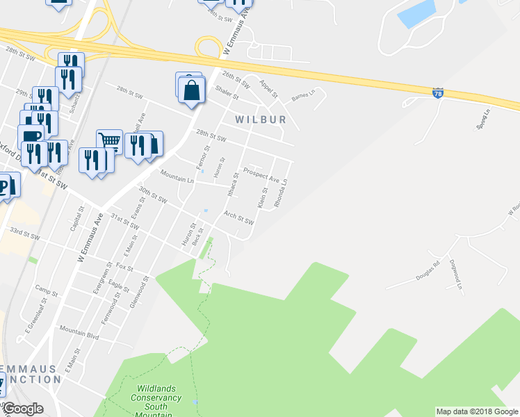 map of restaurants, bars, coffee shops, grocery stores, and more near 2974 Rhonda Lane in Allentown