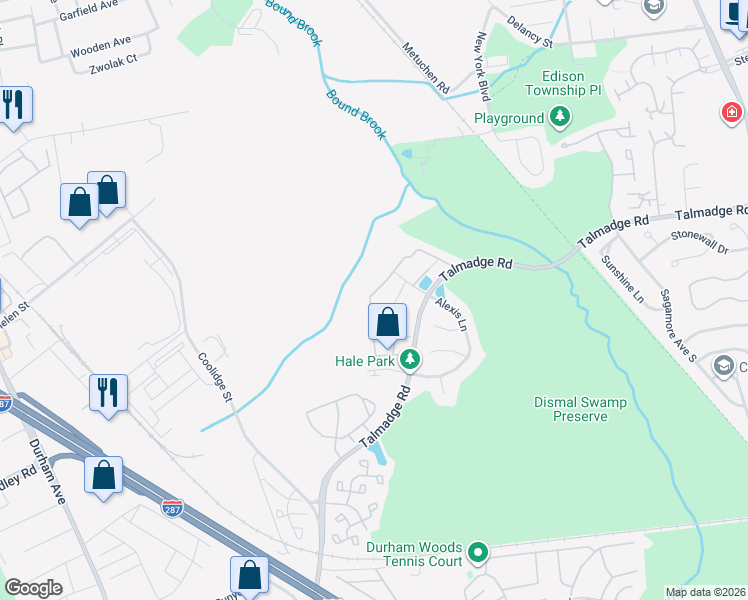 map of restaurants, bars, coffee shops, grocery stores, and more near 112 Prestwick Way in Edison