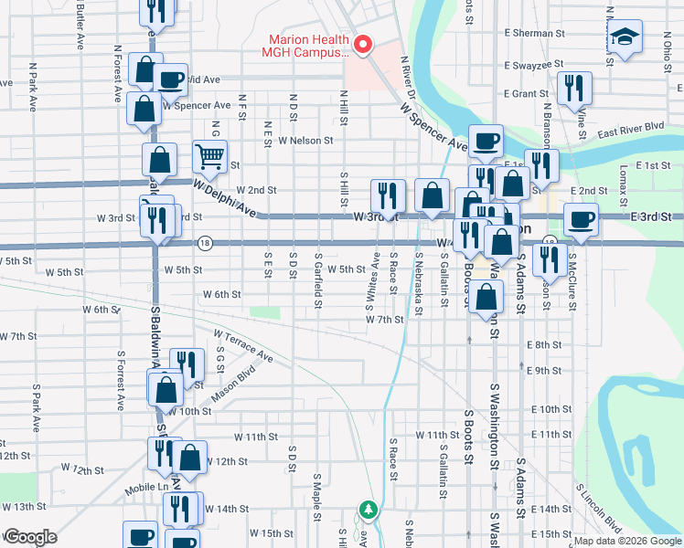 map of restaurants, bars, coffee shops, grocery stores, and more near 620 West 5th Street in Marion