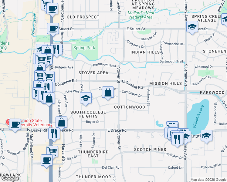 map of restaurants, bars, coffee shops, grocery stores, and more near 2318 Stover Street in Fort Collins