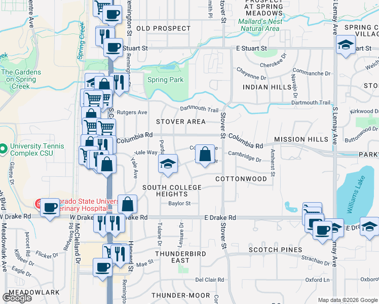 map of restaurants, bars, coffee shops, grocery stores, and more near 412 Cornell Avenue in Fort Collins