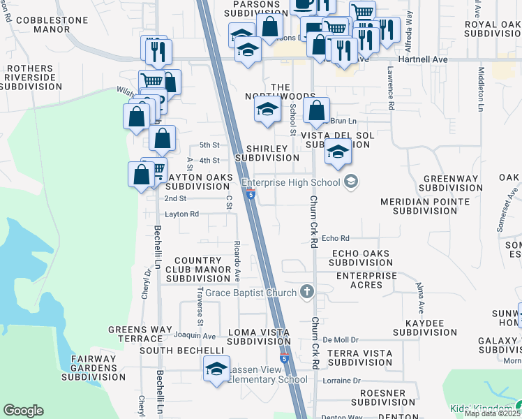 map of restaurants, bars, coffee shops, grocery stores, and more near 821 Camino Court in Redding