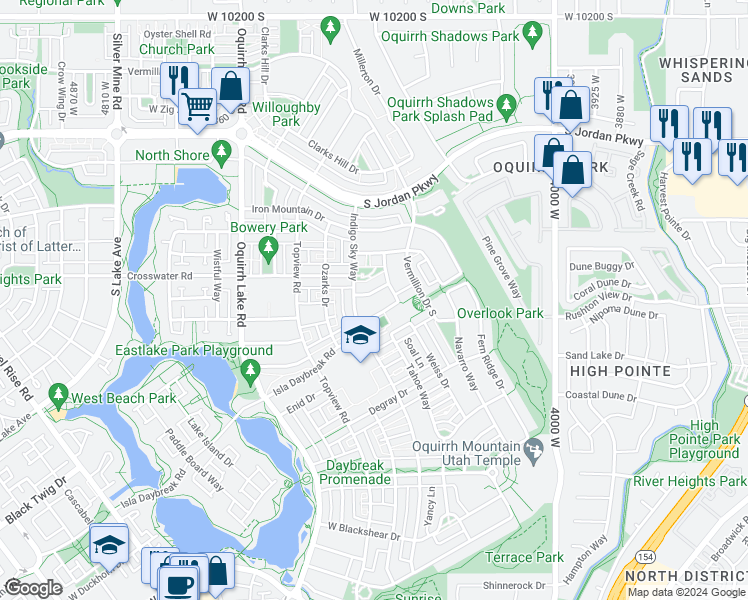 map of restaurants, bars, coffee shops, grocery stores, and more near 4329 Pentenwell Lane in South Jordan