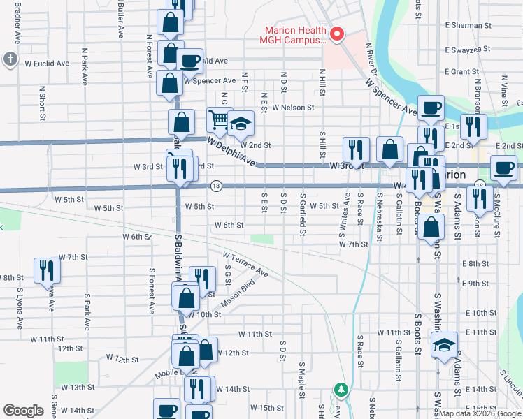 map of restaurants, bars, coffee shops, grocery stores, and more near 1012 West 5th Street in Marion