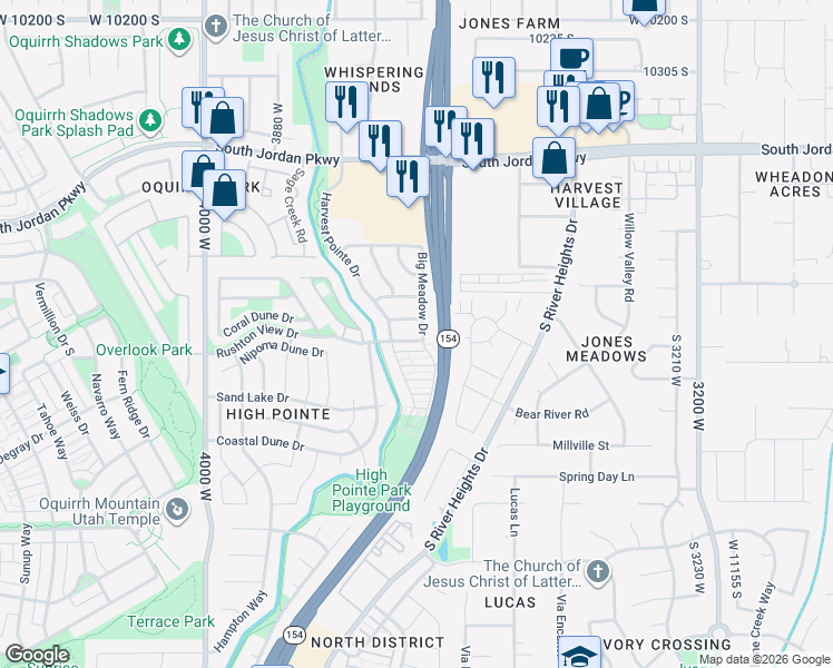 map of restaurants, bars, coffee shops, grocery stores, and more near 3668 Rushton View Drive in South Jordan