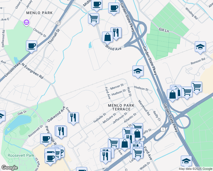 map of restaurants, bars, coffee shops, grocery stores, and more near 50 Wall Street in Metuchen
