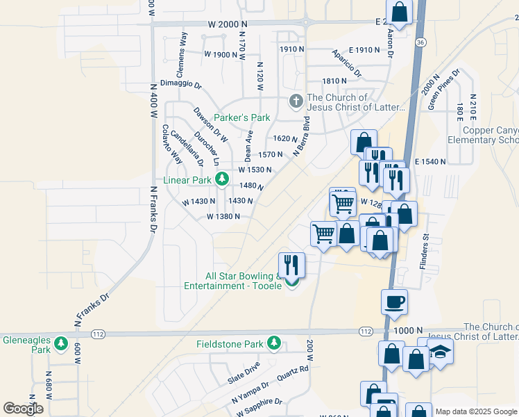 map of restaurants, bars, coffee shops, grocery stores, and more near 123 High Cheddar in Tooele