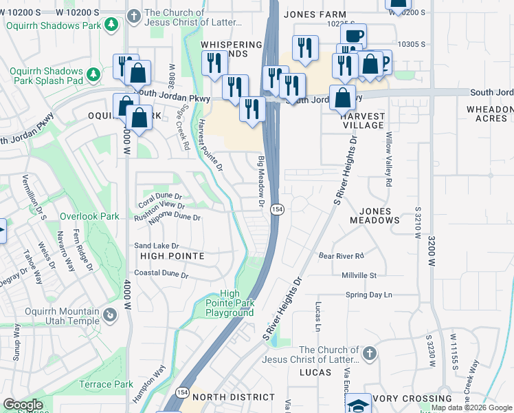 map of restaurants, bars, coffee shops, grocery stores, and more near 3668 Rushton View Drive in South Jordan