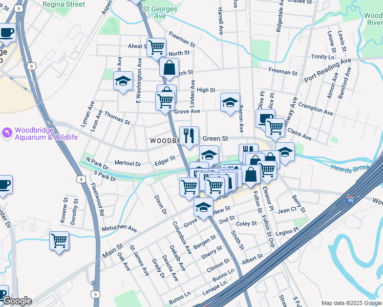 map of restaurants, bars, coffee shops, grocery stores, and more near 2 Green Street in Woodbridge Township