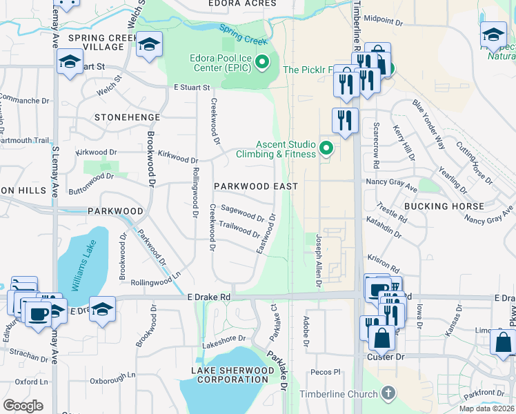 map of restaurants, bars, coffee shops, grocery stores, and more near 1730 Barnwood Drive in Fort Collins