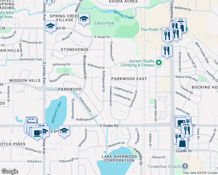 map of restaurants, bars, coffee shops, grocery stores, and more near 2218 Creekwood Drive in Fort Collins