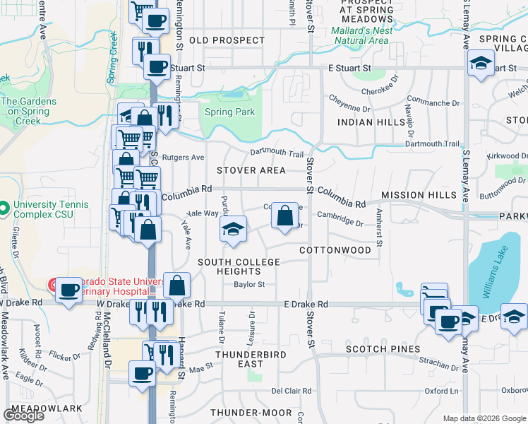 map of restaurants, bars, coffee shops, grocery stores, and more near 412 Cornell Avenue in Fort Collins