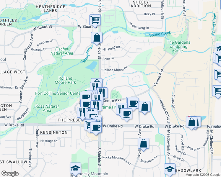map of restaurants, bars, coffee shops, grocery stores, and more near 1012 Centre Ave in Fort Collins