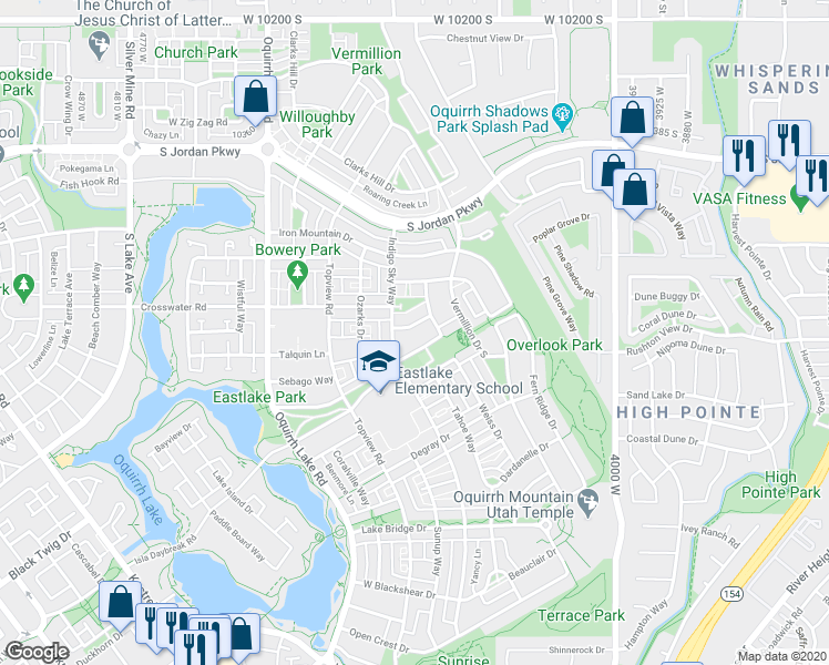 map of restaurants, bars, coffee shops, grocery stores, and more near 4342 Pentenwell Lane in South Jordan