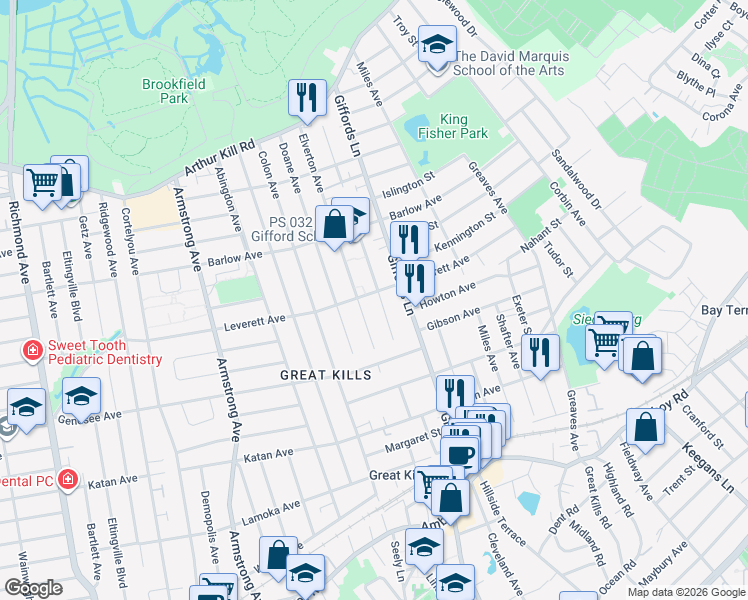 map of restaurants, bars, coffee shops, grocery stores, and more near 86 Stieg Avenue in Staten Island