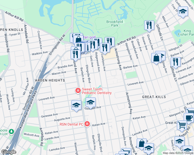 map of restaurants, bars, coffee shops, grocery stores, and more near 129 Getz Avenue in Staten Island
