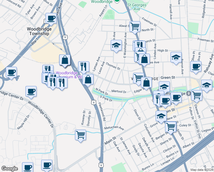 map of restaurants, bars, coffee shops, grocery stores, and more near 471 Gorham Avenue in Woodbridge Township