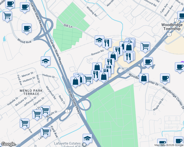 map of restaurants, bars, coffee shops, grocery stores, and more near 1501 Woodbridge Commons Way in Woodbridge Township