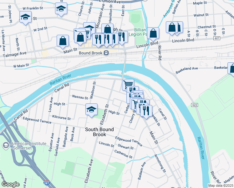 map of restaurants, bars, coffee shops, grocery stores, and more near 133 Clinton Street in South Bound Brook