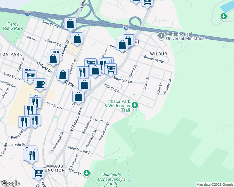 map of restaurants, bars, coffee shops, grocery stores, and more near 3001 Fernor Street in Allentown