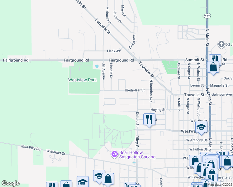 map of restaurants, bars, coffee shops, grocery stores, and more near 800-808 Hierholzer Street in Celina