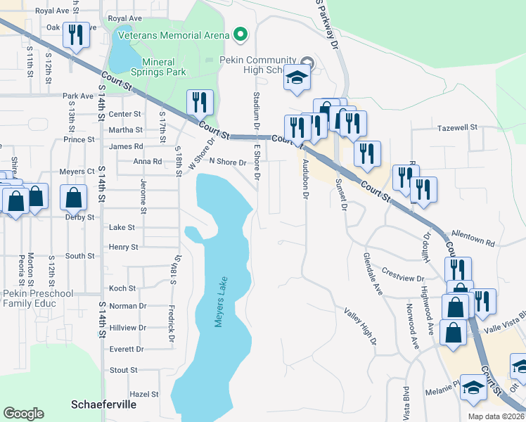 map of restaurants, bars, coffee shops, grocery stores, and more near 717-769 East Shore Drive in Pekin