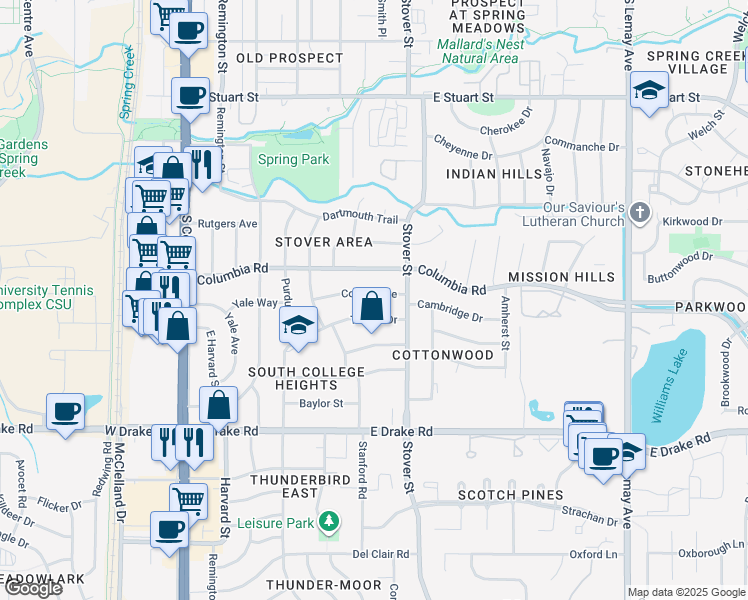 map of restaurants, bars, coffee shops, grocery stores, and more near 521 Cornell Avenue in Fort Collins