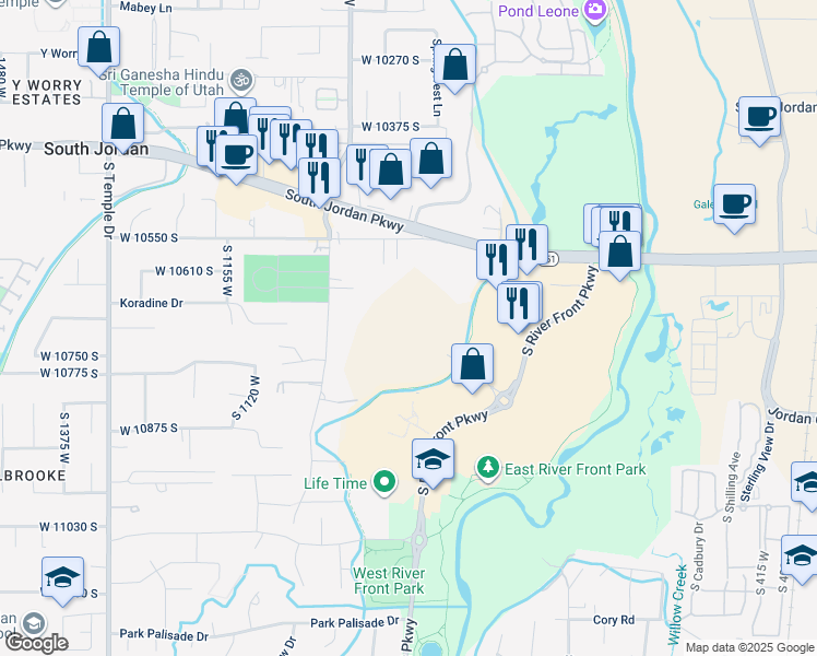 map of restaurants, bars, coffee shops, grocery stores, and more near 10657 South 1055 West in South Jordan