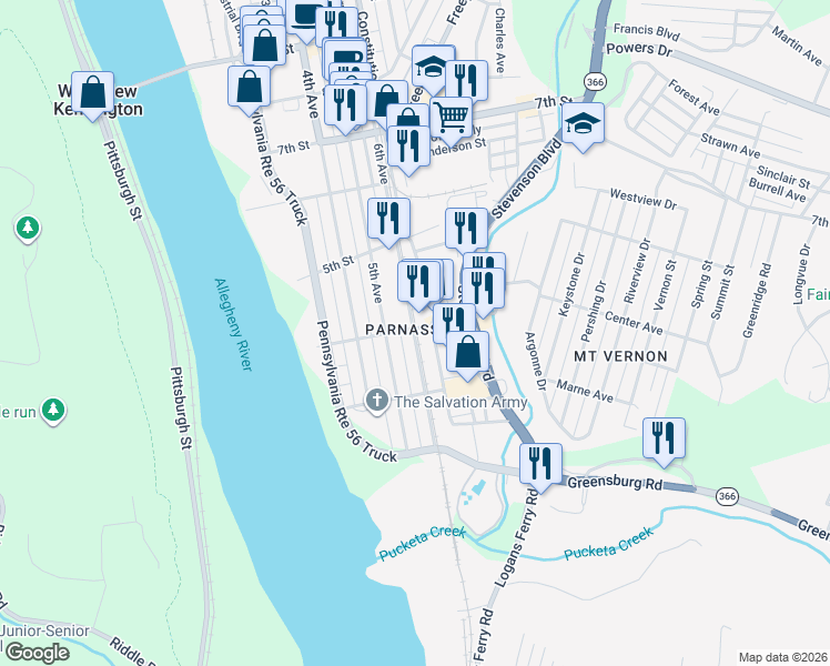 map of restaurants, bars, coffee shops, grocery stores, and more near 407 6th Avenue in New Kensington