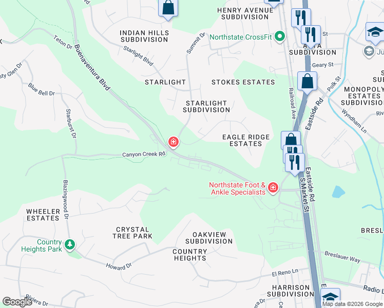 map of restaurants, bars, coffee shops, grocery stores, and more near 1825 Buenaventura Boulevard in Redding