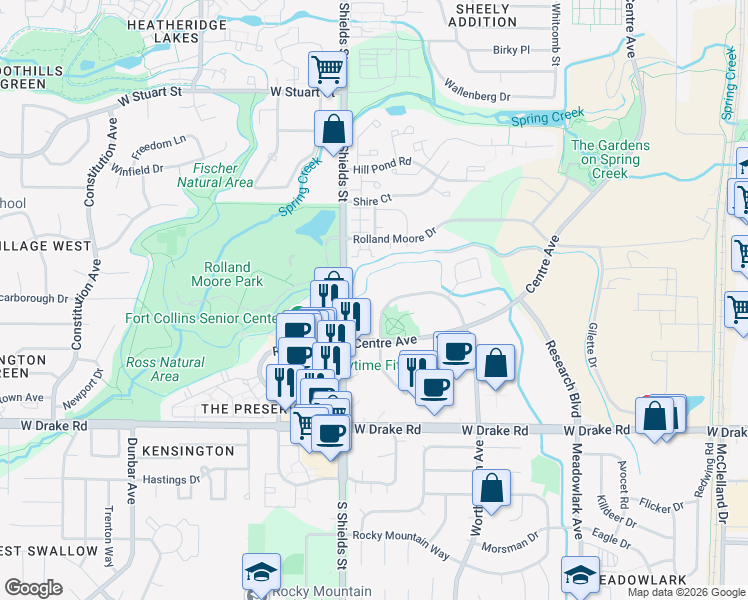 map of restaurants, bars, coffee shops, grocery stores, and more near 1012 Centre Ave in Fort Collins