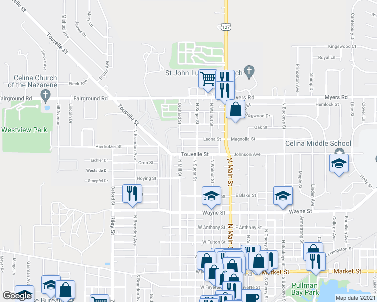 map of restaurants, bars, coffee shops, grocery stores, and more near 315 Touvelle Street in Celina