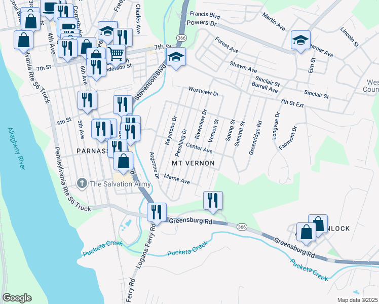 map of restaurants, bars, coffee shops, grocery stores, and more near 367 Riverview Drive in New Kensington
