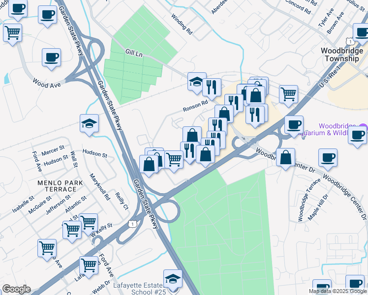 map of restaurants, bars, coffee shops, grocery stores, and more near 1501 Woodbridge Commons Way in Woodbridge Township