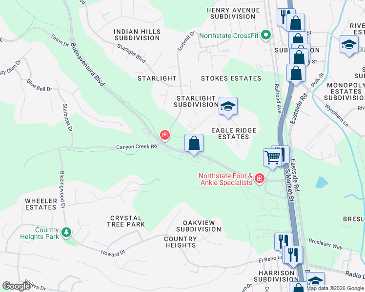 map of restaurants, bars, coffee shops, grocery stores, and more near 1825 Buenaventura Boulevard in Redding