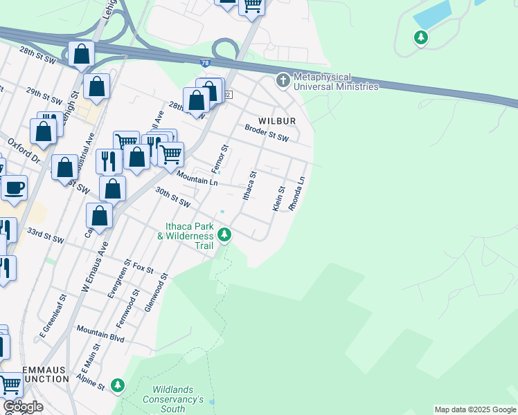 map of restaurants, bars, coffee shops, grocery stores, and more near 2919 Klein Street in Allentown