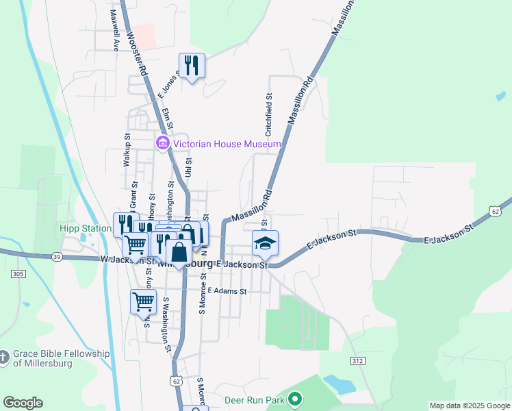 map of restaurants, bars, coffee shops, grocery stores, and more near 364 Hebron Street in Millersburg