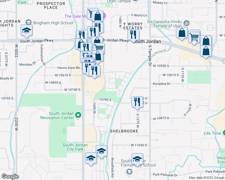 map of restaurants, bars, coffee shops, grocery stores, and more near 1519 Arbor View Way in South Jordan