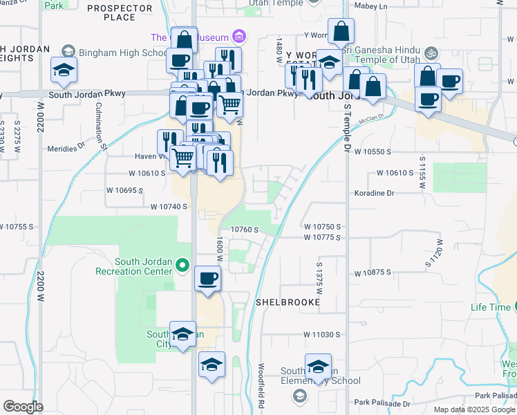 map of restaurants, bars, coffee shops, grocery stores, and more near 1519 Arbor View Way in South Jordan