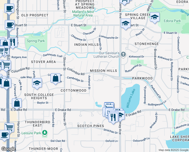 map of restaurants, bars, coffee shops, grocery stores, and more near 2300 Amherst Street in Fort Collins