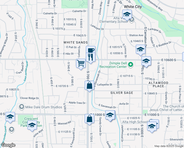 map of restaurants, bars, coffee shops, grocery stores, and more near 10697 South 700 East in Sandy