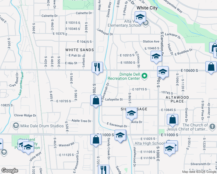 map of restaurants, bars, coffee shops, grocery stores, and more near 10703 South Savannah Drive in Sandy