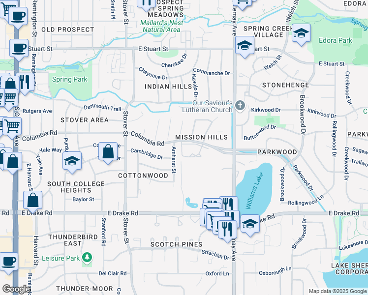 map of restaurants, bars, coffee shops, grocery stores, and more near 2300 Amherst Street in Fort Collins
