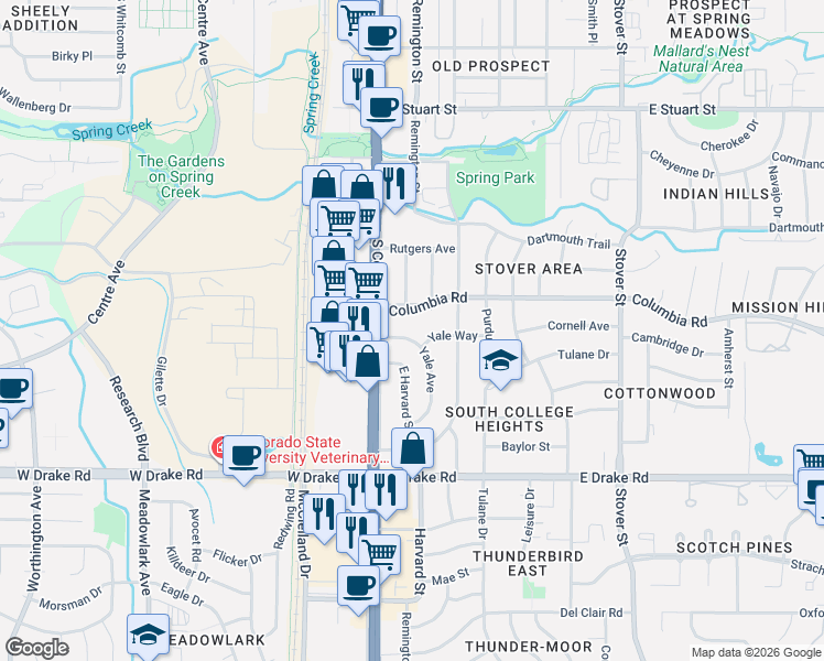 map of restaurants, bars, coffee shops, grocery stores, and more near 210 Yale Way in Fort Collins